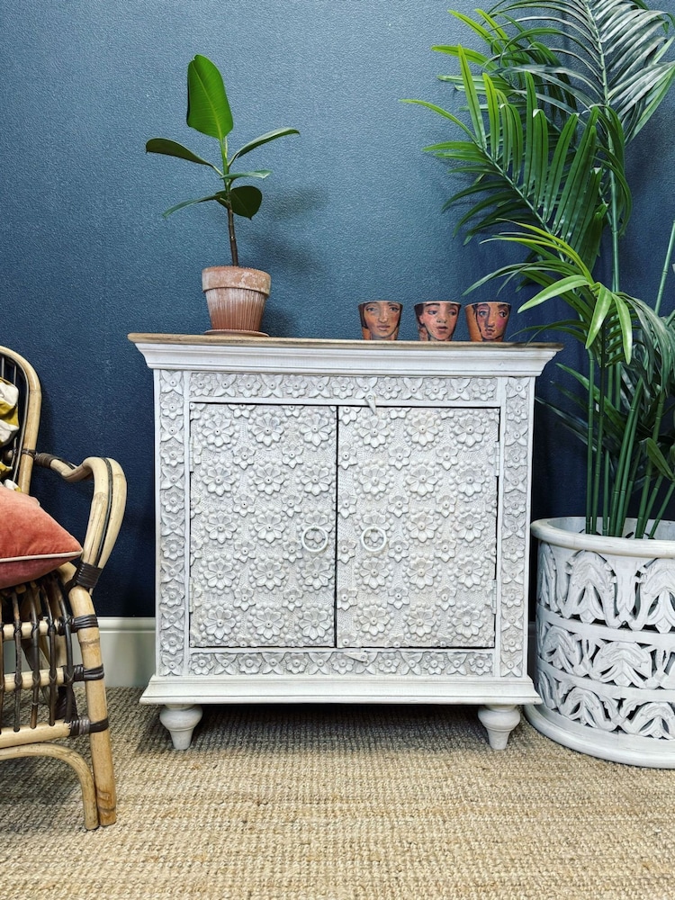 Kirei Home White Hand Carved Petal Design 2 Door Sideboard - Image 1 of 6
