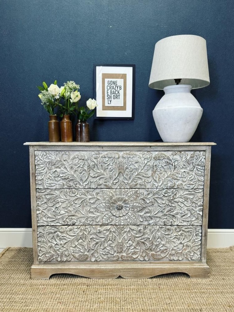 Kirei Home Cream Large Hand Carved 3 Drawer Chest - Image 1 of 5
