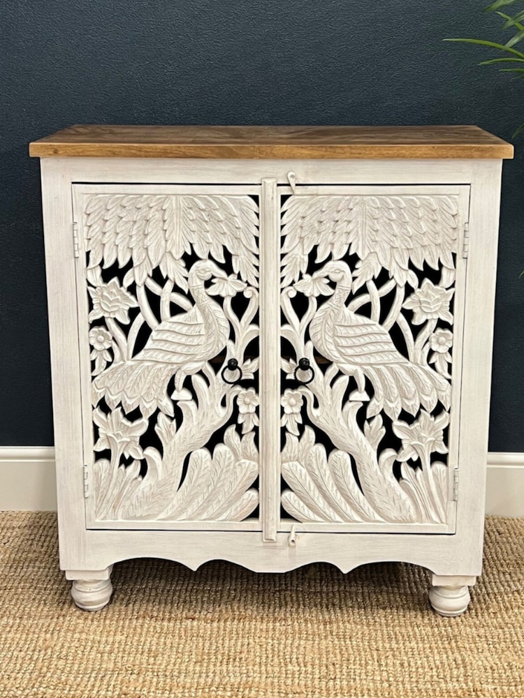 Kirei Home White Hand Carved Mango Wood Peacock Sideboard - Image 1 of 5