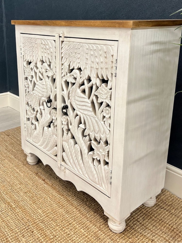 Kirei Home White Hand Carved Mango Wood Peacock Sideboard - Image 2 of 5