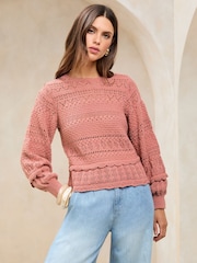 Lipsy Pink Crochet Summer Stitch Pointelle Knit Long Sleeve Top - Image 1 of 4
