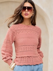 Lipsy Pink Crochet Summer Stitch Pointelle Knit Long Sleeve Top - Image 2 of 4