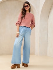 Lipsy Pink Crochet Summer Stitch Pointelle Knit Long Sleeve Top - Image 3 of 4