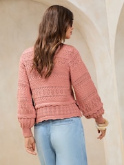 Lipsy Pink Crochet Summer Stitch Pointelle Knit Long Sleeve Top - Image 4 of 4