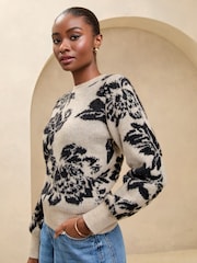 Lipsy Neutral Knitted Jacquard Flower Pattern Cosy Jumper - Image 2 of 4