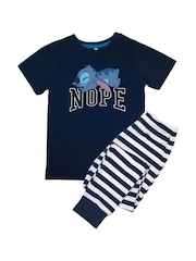 Brands In Blue Boys 100% Cotton Disney Lilo And Stitch Nope Stripes Pyjamas - Image 1 of 3