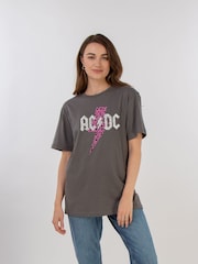 Brands In Grey ACDC Leopard Pink Women Charcoal Boyfriend Fit Music T-Shirt - Image 1 of 3