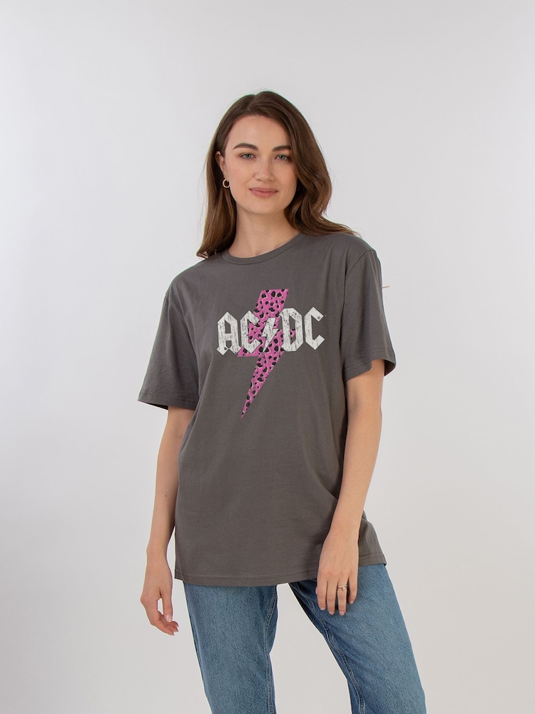 Brands In Grey ACDC Leopard Pink Women Charcoal Boyfriend Fit Music T-Shirt - Image 1 of 3