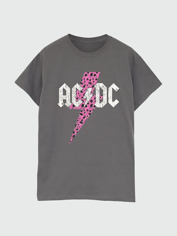 Brands In Grey ACDC Leopard Pink Women Charcoal Boyfriend Fit Music T-Shirt - Image 2 of 3