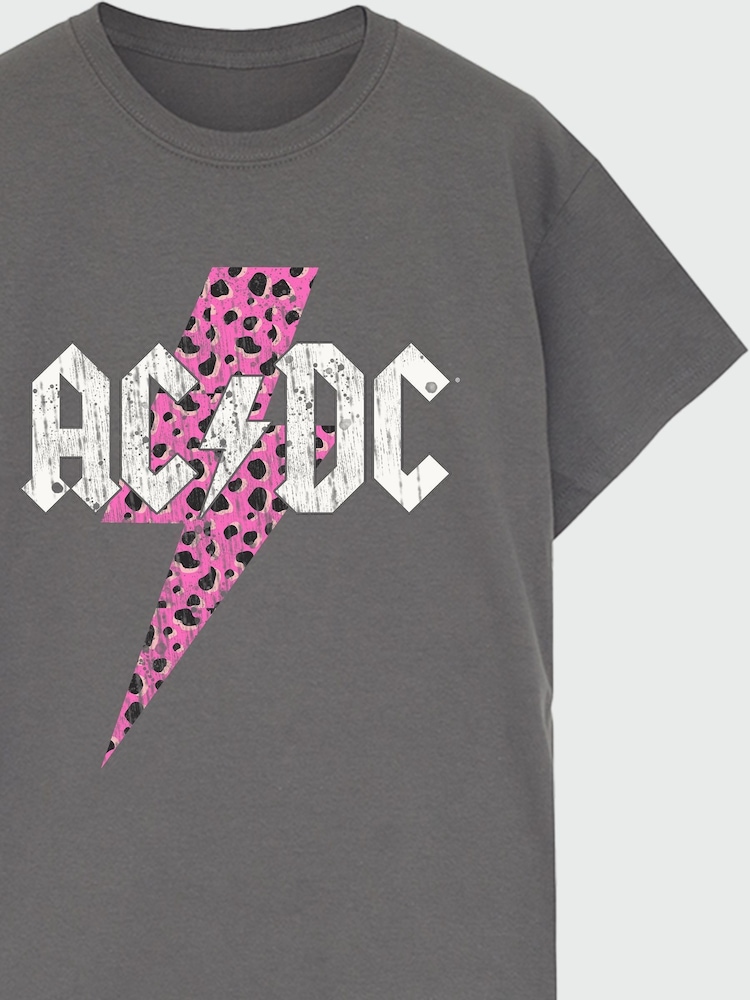Brands In Grey ACDC Leopard Pink Women Charcoal Boyfriend Fit Music T-Shirt - Image 3 of 3