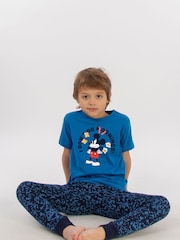 Brands In Blue Boys 100% Cotton Disney Mickey Mouse I Don't Do Mornings Royal Camo Pyjamas - Image 1 of 3