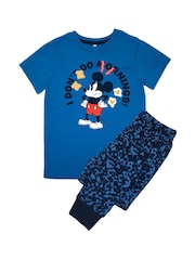 Brands In Blue Boys 100% Cotton Disney Mickey Mouse I Don't Do Mornings Royal Camo Pyjamas - Image 2 of 3