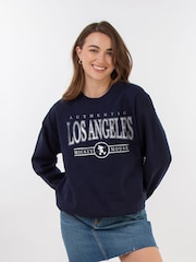 Brands In Blue Women Disney Mickey Mouse Los Angeles Varsity Sweatshirt - Image 1 of 3