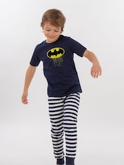 Brands In Blue Boys DC Comics Batman Drip Logo Stripes 100% Cotton Pyjamas - Image 1 of 3