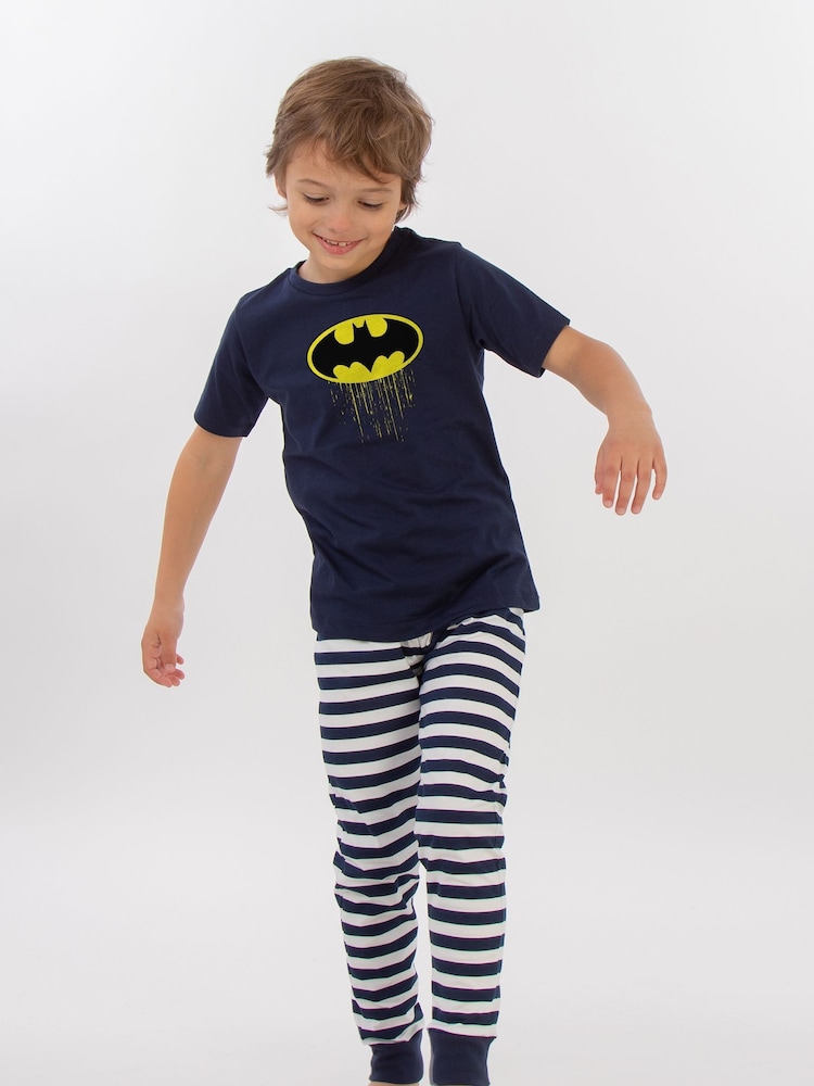 Brands In Blue Boys DC Comics Batman Drip Logo Stripes 100% Cotton Pyjamas - Image 1 of 3