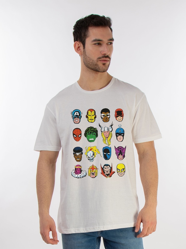 Brands In White 100% Cotton Marvel Comics Faces Mens T-Shirt - Image 1 of 3 Brands In White 100% Cotton Marvel Comics Faces Mens T-Shirt - Image 1 of 3