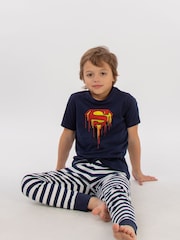 Brands In Blue Boys 100% Cotton DC Comics Superman Drip Logo Stripes Pyjamas - Image 1 of 3