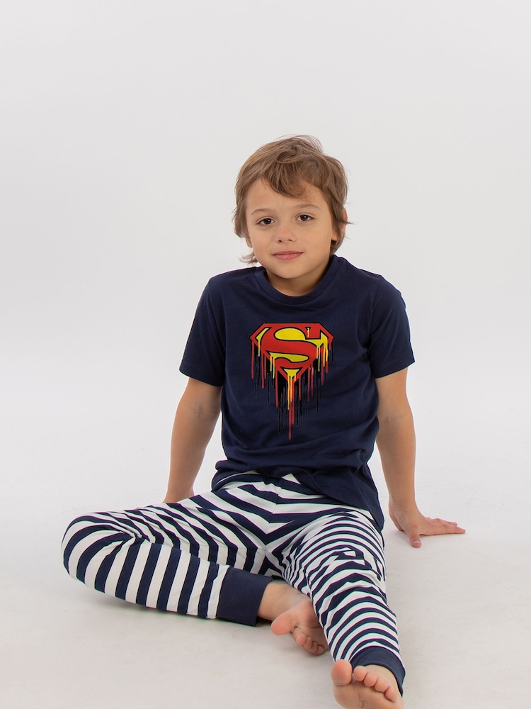 Brands In Blue Boys 100% Cotton DC Comics Superman Drip Logo Stripes Pyjamas - Image 1 of 3