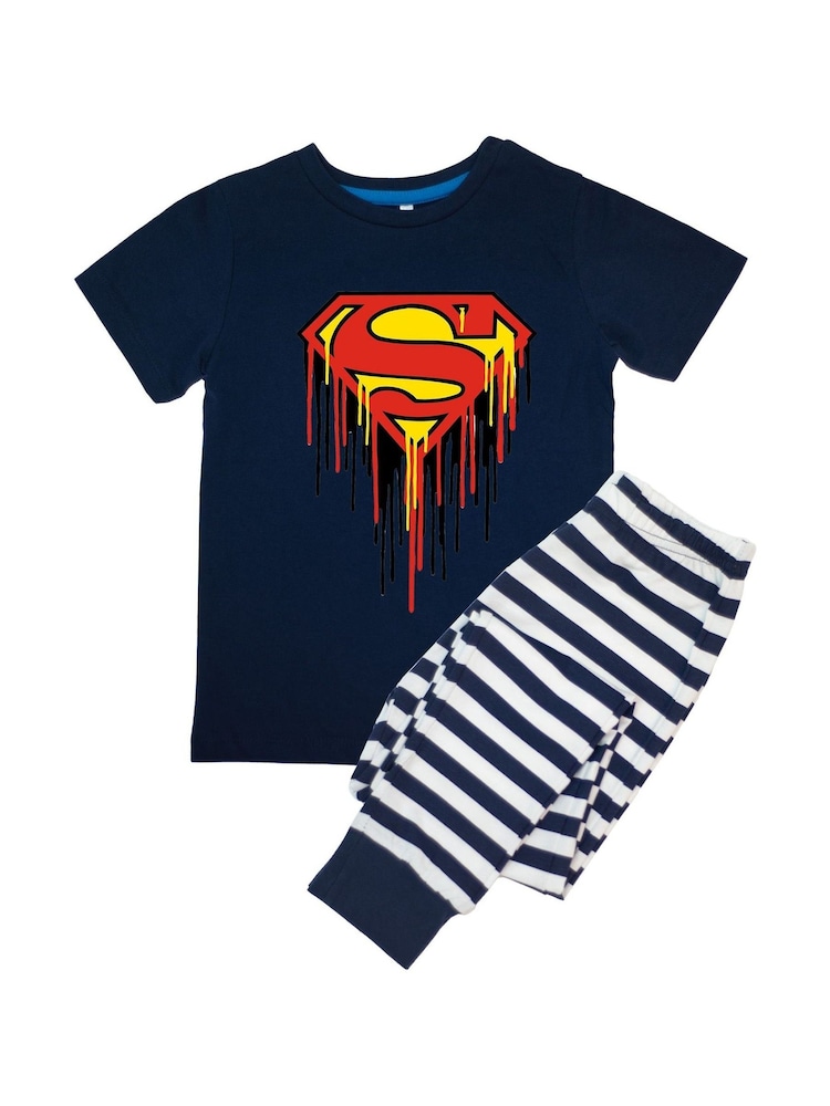 Brands In Blue Boys 100% Cotton DC Comics Superman Drip Logo Stripes Pyjamas - Image 2 of 3