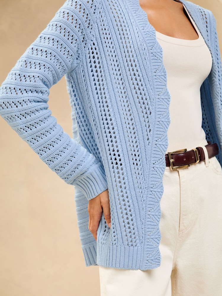Lipsy Blue Knitted Cotton Rich Pretty Stitch Crochet Long Cardigan - Image 1 of 4 Lipsy Blue Knitted Cotton Rich Pretty Stitch Crochet Long Cardigan - Image 1 of 4