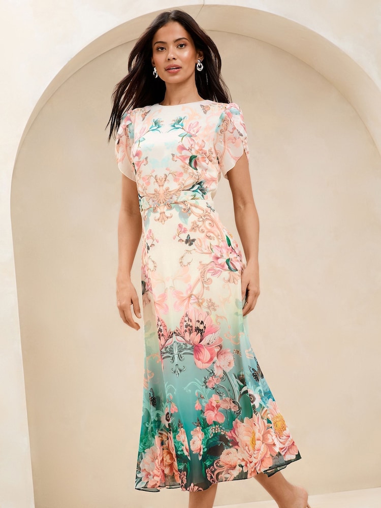 Buy Lipsy White Printed Ombre Floral Tulip Sleeve Fit And Flare Midi ...