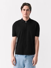 Black Quarter Zip Relaxed Fit Premium Short Sleeve Knit Polo Shirt - Image 1 of 8