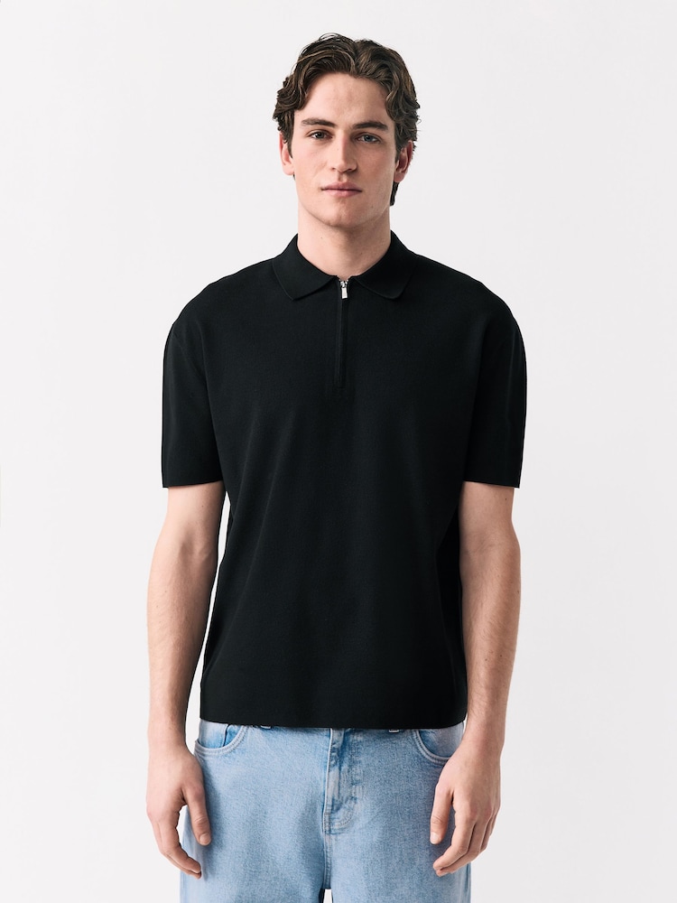 Black Quarter Zip Relaxed Fit Premium Short Sleeve Knit Polo Shirt - Image 1 of 8