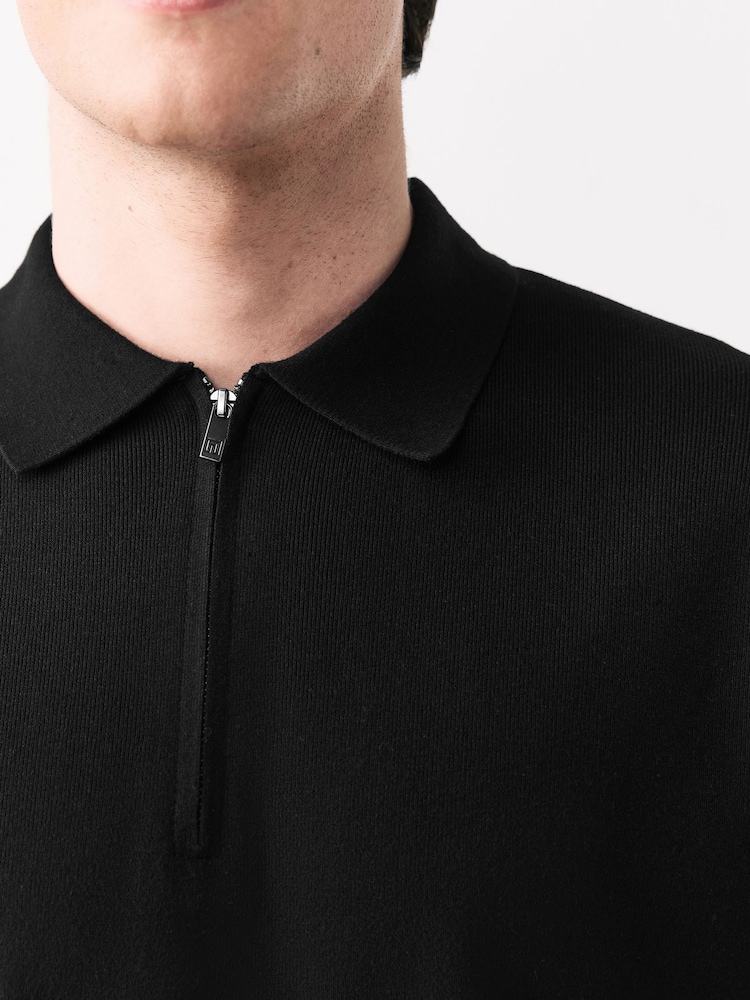 Black Quarter Zip Relaxed Fit Premium Short Sleeve Knit Polo Shirt - Image 5 of 8
