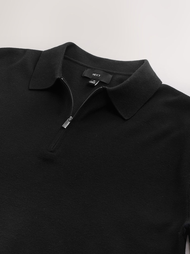 Black Quarter Zip Relaxed Fit Premium Short Sleeve Knit Polo Shirt - Image 8 of 8