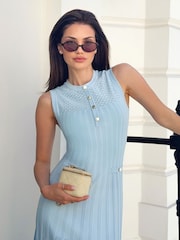 Blue Pointelle Ribbed Knit Buttoned Sleeveless Midi Dress - Image 2 of 6