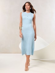 Blue Pointelle Ribbed Knit Buttoned Sleeveless Midi Dress - Image 3 of 6