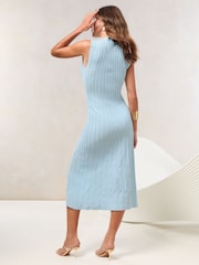 Blue Pointelle Ribbed Knit Buttoned Sleeveless Midi Dress - Image 6 of 6