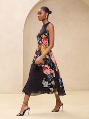 Lipsy Black Petite Floral Printed Chiffon Fit And Flare Midi Dress - Image 3 of 4