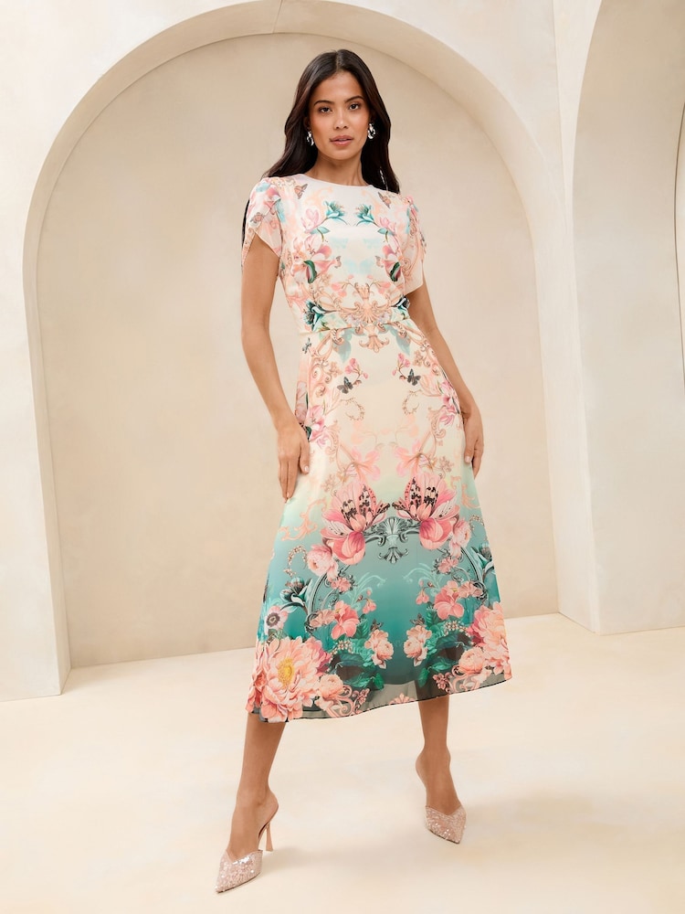 Lipsy prelivajoča se barva rožast vzorec Tulip Sleeve Fit And Flare (krilo, obleka ali plašč) srednje dolga; ki sega do sredine meč obleka - Slika 1 iz 5