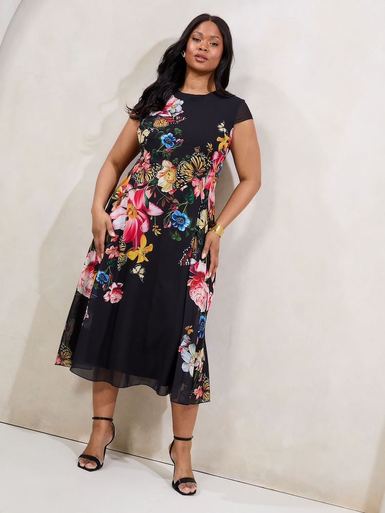 Lipsy Black Curve Floral Printed Chiffon Fit And Flare Midi Dress - Image 1 of 4