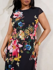 Lipsy Black Curve Floral Printed Chiffon Fit And Flare Midi Dress - Image 2 of 4