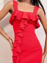 Lipsy Red Ruffle Front Square Neck Knitted Midi Dress - Image 2 of 4