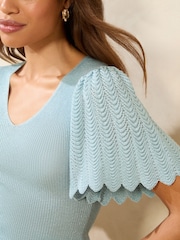 Lipsy Blue Knitted Sparkle Metallic V-Neck Flute Sleeve Top - Image 4 of 4