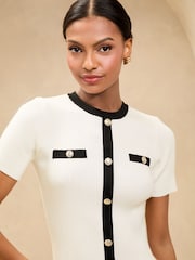 Lipsy Ivory Tipped Mock Button Short Sleeve Knitted Top - Image 1 of 4