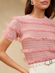 Lipsy Pink Pointelle Stitch Mesh Ruffle Frill Short Sleeve Crew Neck Knitted Top - Image 2 of 4