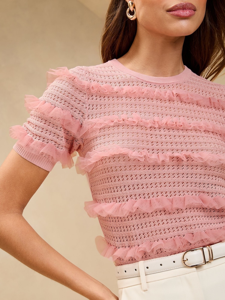 Lipsy Pink Pointelle Stitch Mesh Ruffle Frill Short Sleeve Crew Neck Knitted Top - Image 2 of 4