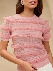 Lipsy Pink Pointelle Stitch Mesh Ruffle Frill Short Sleeve Crew Neck Knitted Top - Image 4 of 4