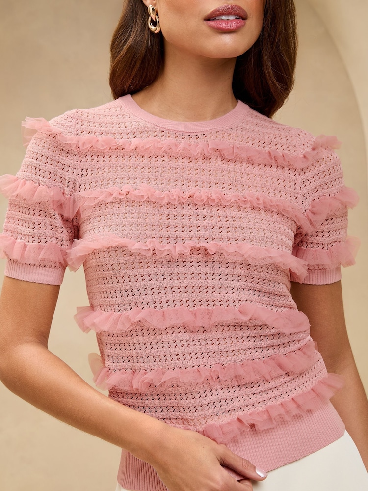 Lipsy Pink Pointelle Stitch Mesh Ruffle Frill Short Sleeve Crew Neck Knitted Top - Image 4 of 4