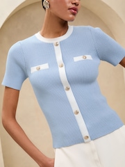 Lipsy Blue Tipped Mock Button Short Sleeve Knitted Top - Image 2 of 4