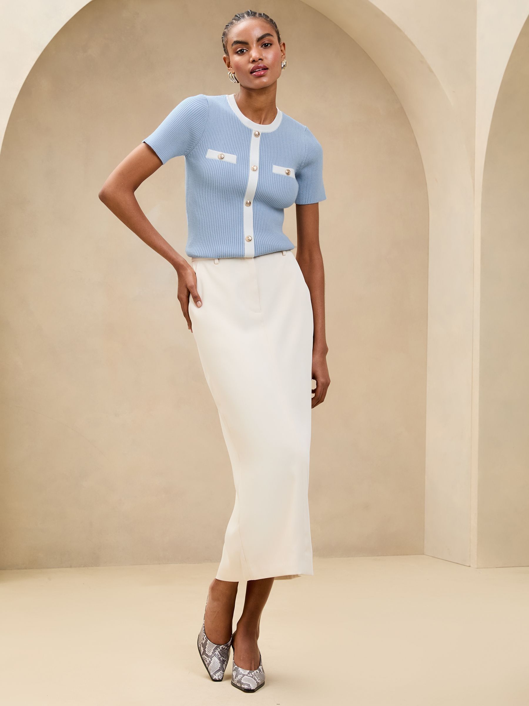 Buy Lipsy Blue Tipped Mock Button Short Sleeve Knitted Top from