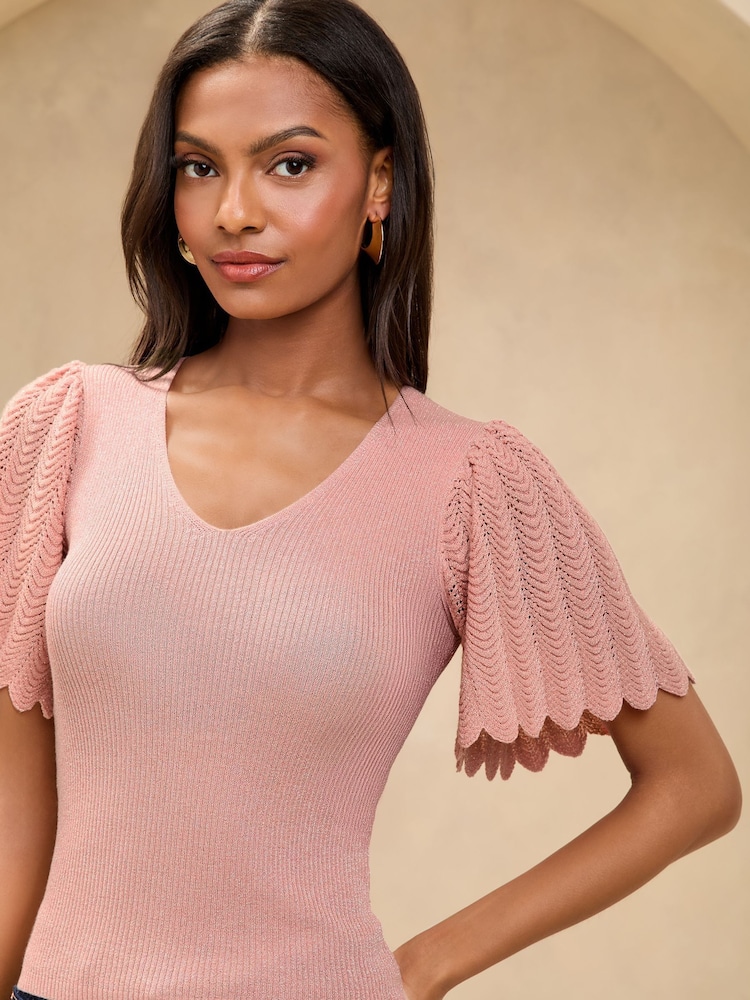 Lipsy Pink Knitted Sparkle Metallic V-Neck Flute Sleeve Top - Image 2 of 4