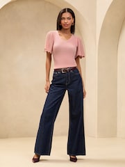 Lipsy Pink Knitted Sparkle Metallic V-Neck Flute Sleeve Top - Image 3 of 4