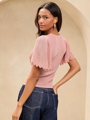 Lipsy Pink Knitted Sparkle Metallic V-Neck Flute Sleeve Top - Image 4 of 4