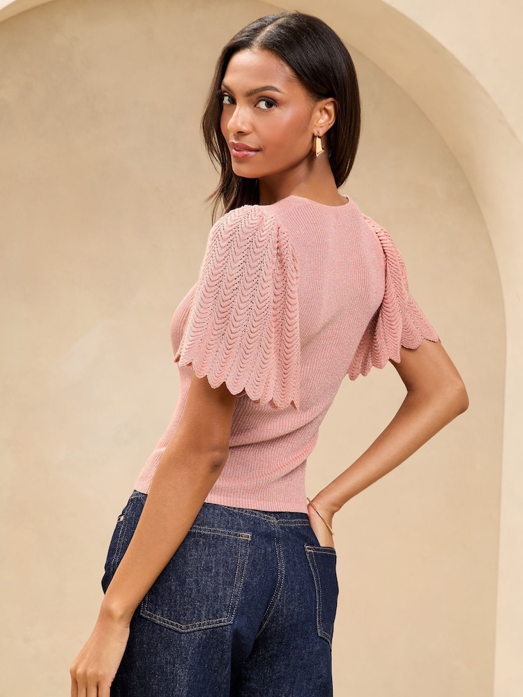 Lipsy Pink Knitted Sparkle Metallic V-Neck Flute Sleeve Top - Image 4 of 4