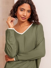 Friends Like These Khaki Tipped Soft Jersey V-Neck Long Sleeve Tunic Top - Image 1 of 4